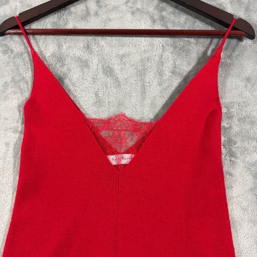 Ryan Roche Ribbed Knit Red Dress Lace Trim V-Neck Womens Small Knee Length - Picture 4 of 14